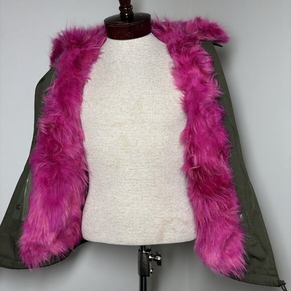 NWOT $600 PARKA PATCHED‎ HOODED Real Fur Removable Lining KHAKI COAT Sz Kid 12 - Picture 3 of 16